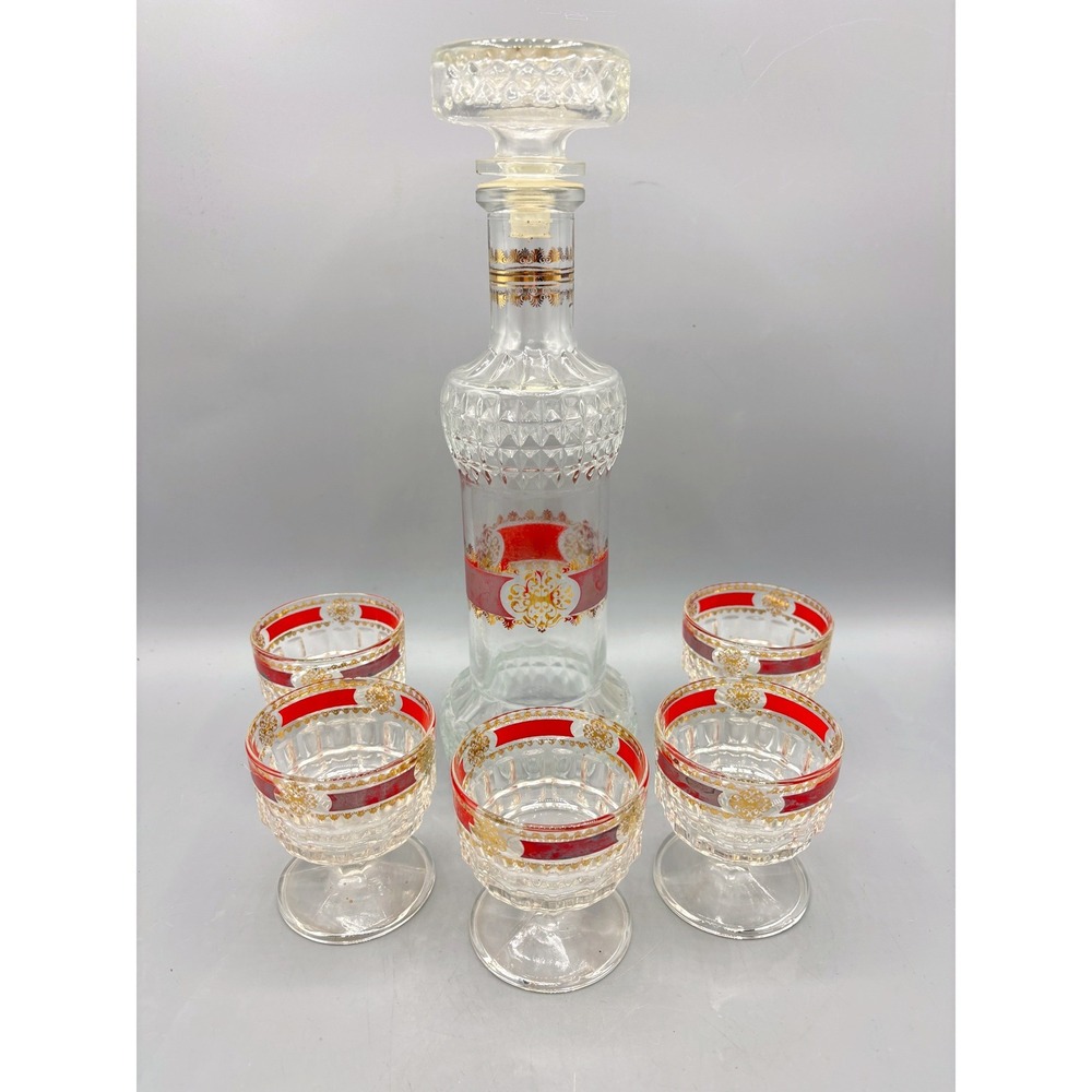 Vintage Red Gold Filigree Glass Decanter Set with 5 Cordial Glasses Bar EMPTY